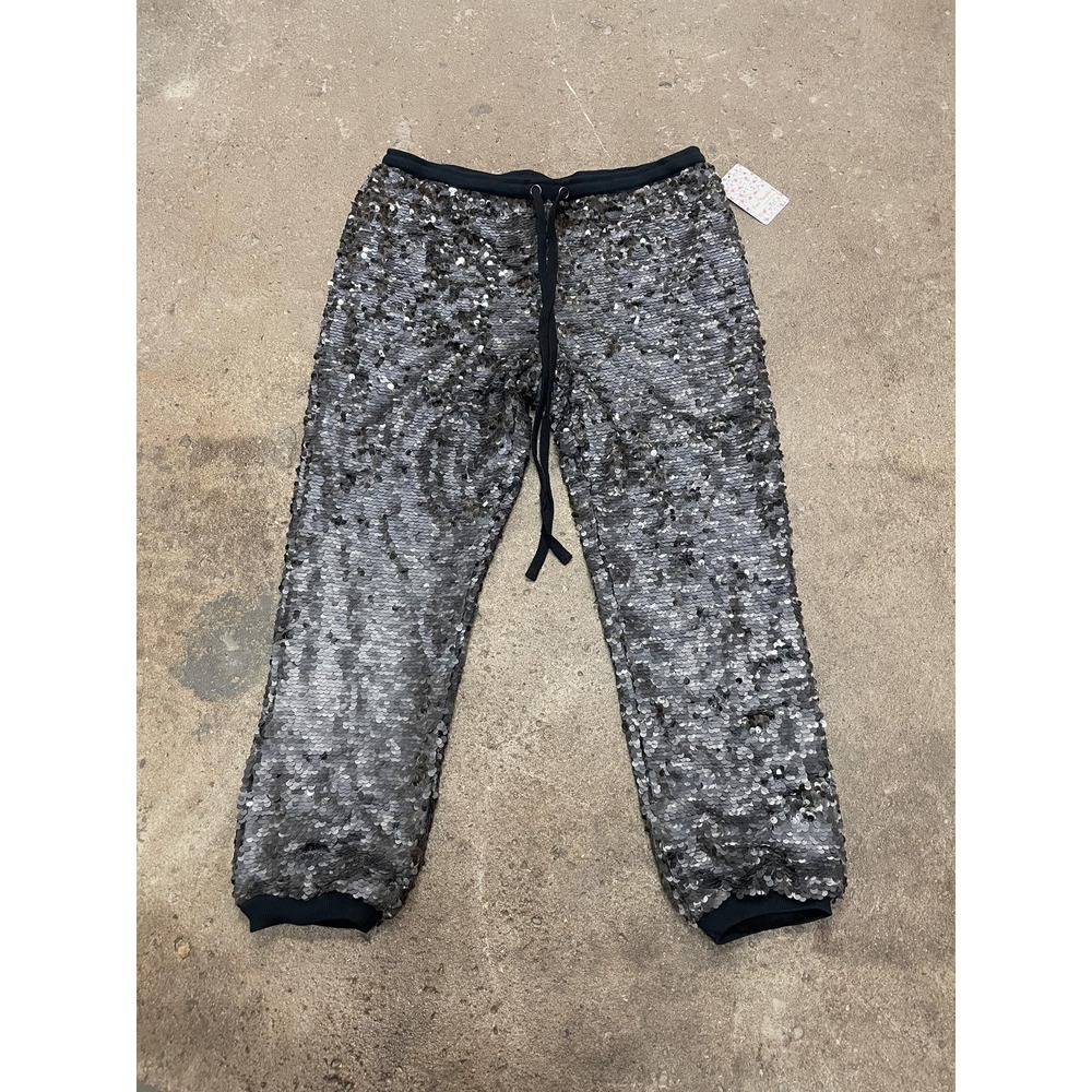 Free People Jogger Pants Womens Medium Gray Sequin Cuffed Elastic Waist Gunmetal
